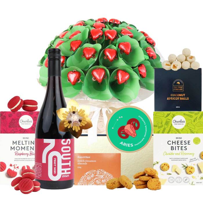 Aries Bouquet & Red Wine Hamper Bundle